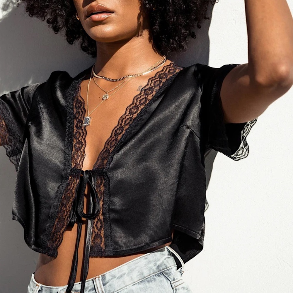 NWOT Vintage Tie Up Top Black Satin